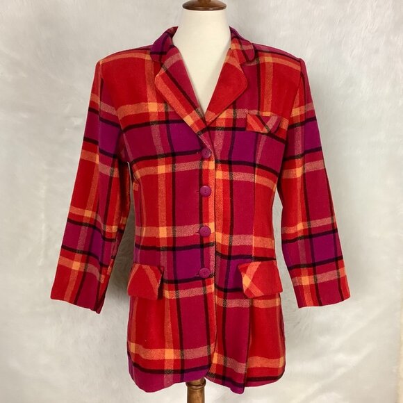 Vintage 80s Pink & Red Plaid Wool Longline Blazer by Timing L - Picture 1 of 8